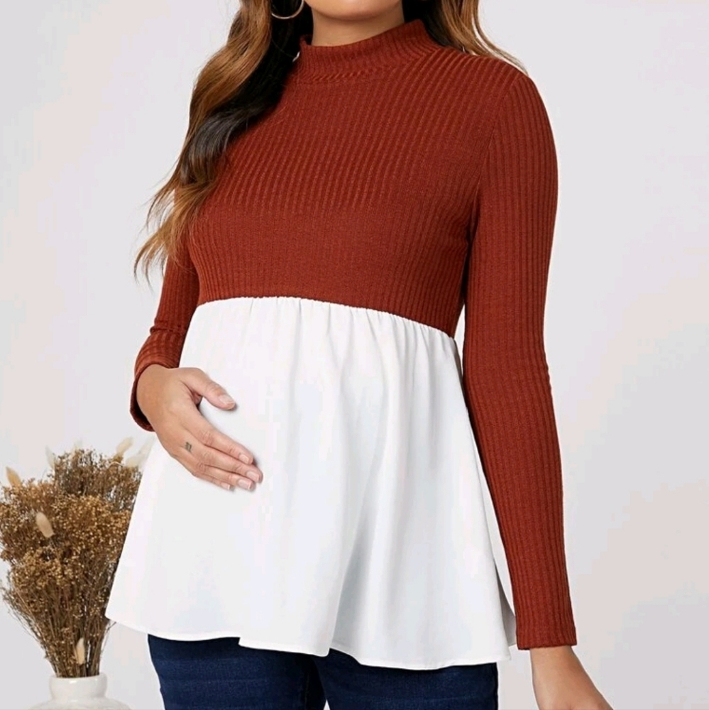 Maternity mock neck mixed media peplum top